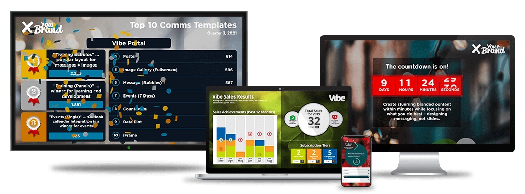 Vibe.fyi content displayed across multiple devices: digital signage, laptop screensaver, and web browser